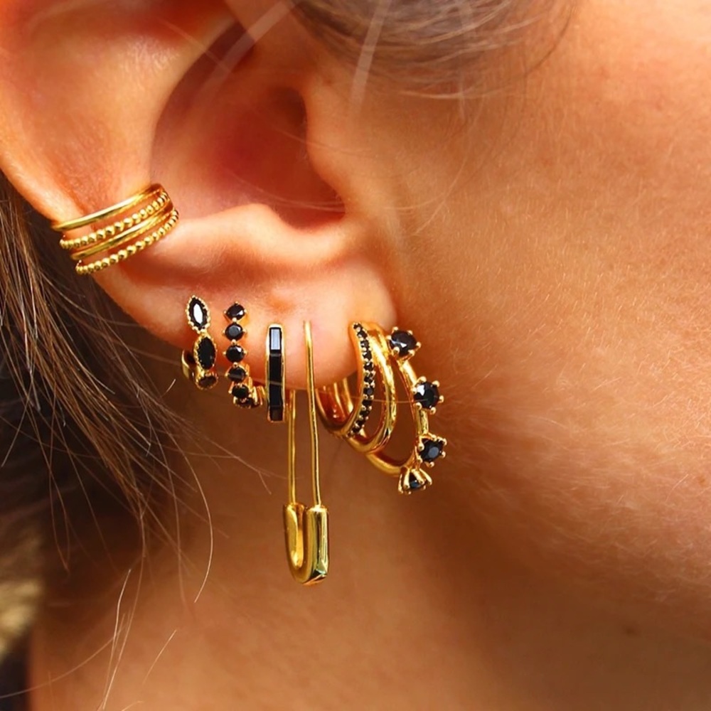 1pair Anthro 3-Hoops Gold Floral Black Multiple Slide-on Clip Ear Cuff Earrings